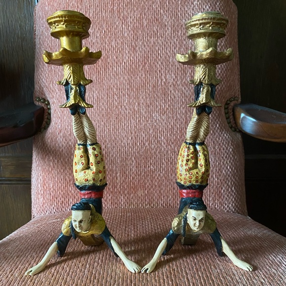 Vintage Candlestick Holders Asian Acrobat Pair - Picture 1 of 11